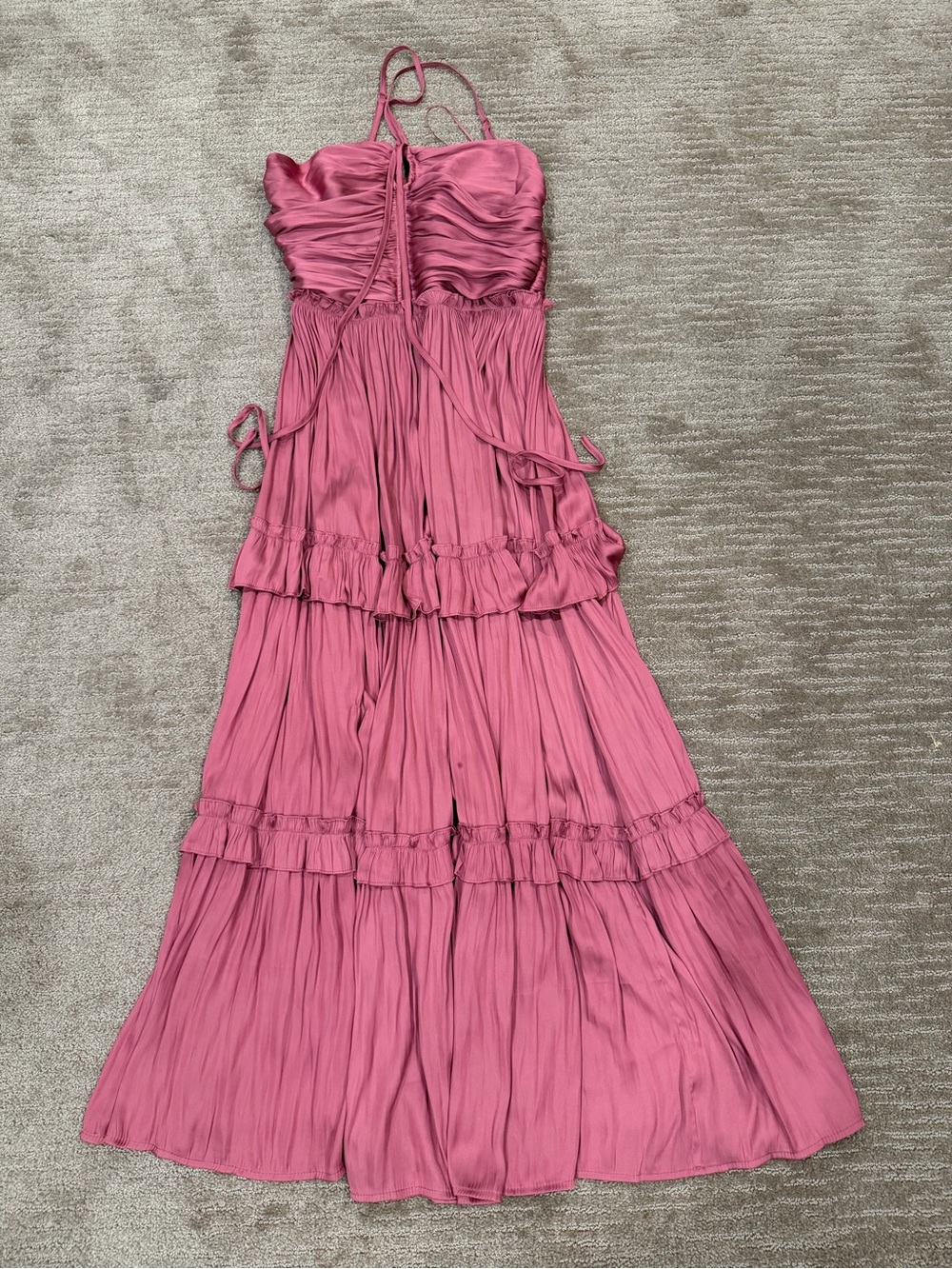 Aqua Rose-Pink Ruched Spaghetti Strap Maxi Dress/Gown